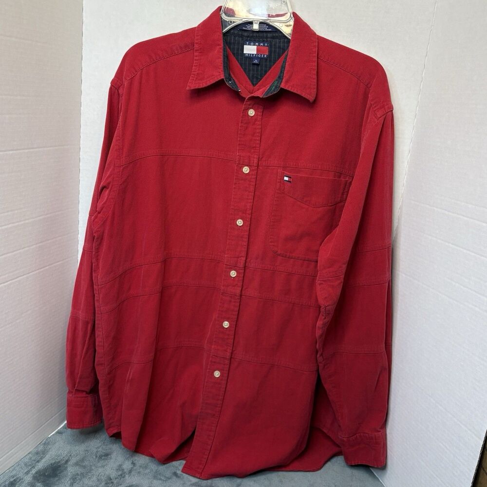 Vintage Tommy Hilfiger Corduroy Collared Button Shirt Red Medium